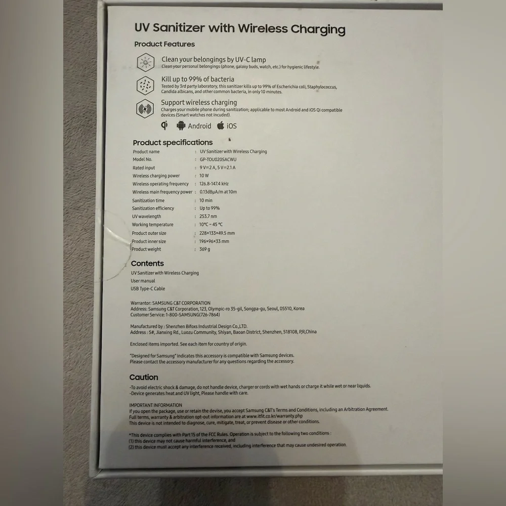 Samsung UV Sanitizer with Wireless Charging Brand New In Box UV-C Sterilizer